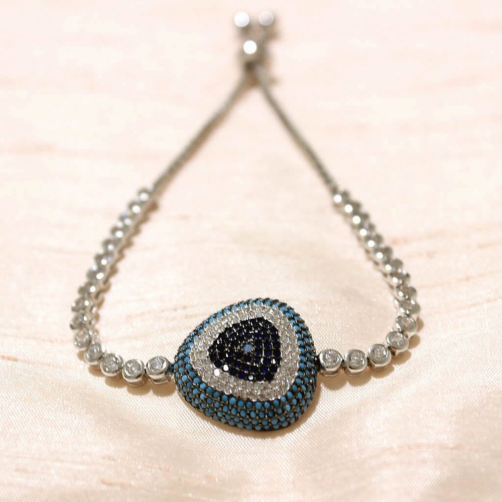 TURQUOISE TRIANGLE EVIL EYE PENDANT BOLO BRACELET